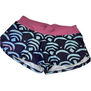 COEUR Run Shorts Blue Pattern Wide Pink Waistband Lined Swim Shorts